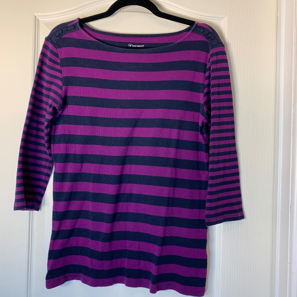 SEG'MENTS Striped Boatneck‎ 3/4 Sleeve Cotton Top – Size M (Purple & Navy)